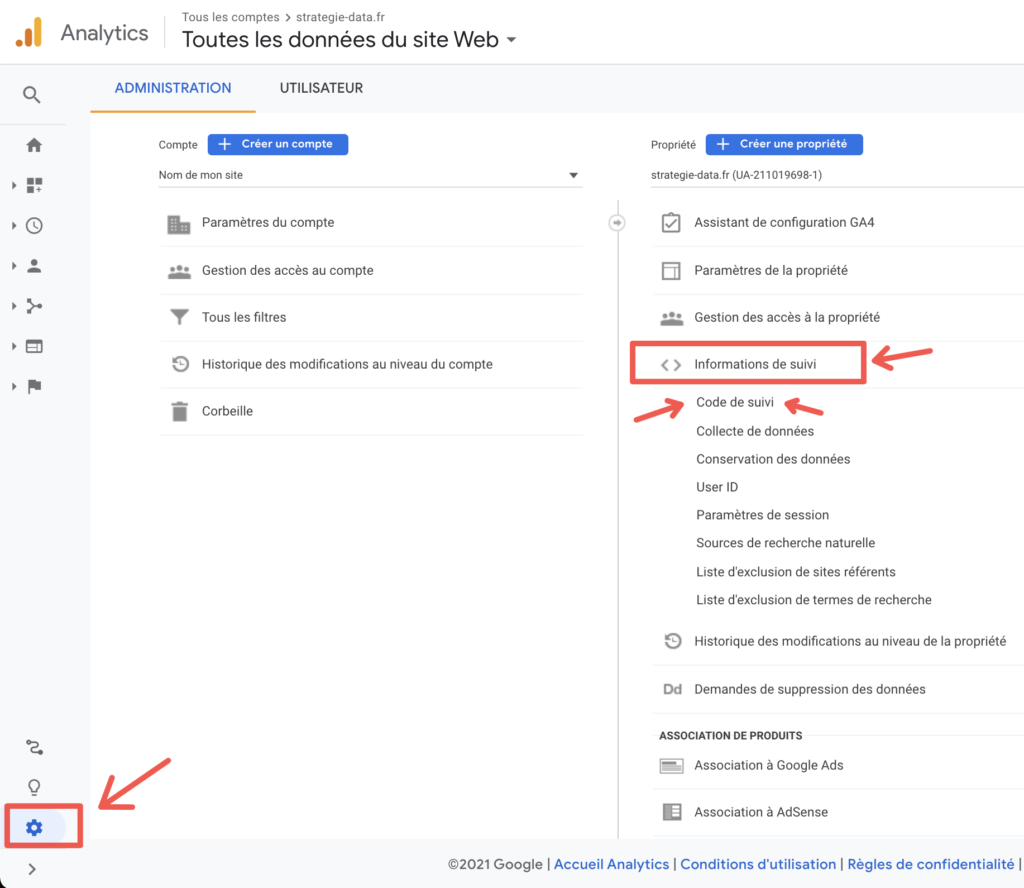 Naviguer vers les informations du suivi et vers le code de suivi google analytics