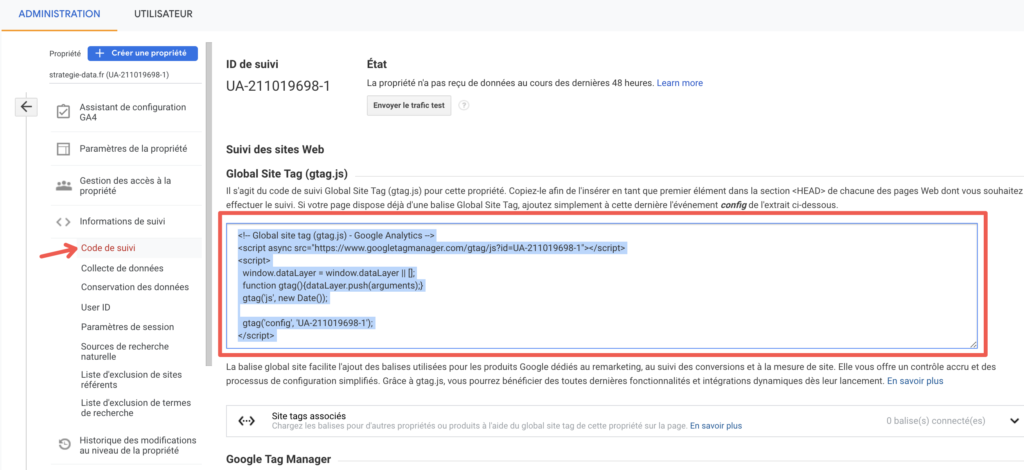 Récupérer le code de tracking d'Universal Analytics