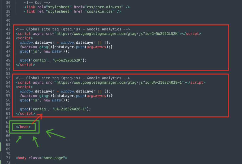 Copier le code de tracking GA4 au dessus de la balise head de son site