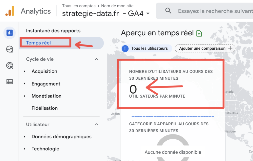Vérification de son trafic en temps réel sur GA4