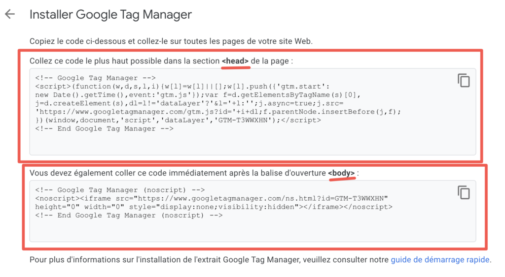 Code de suivi de Google Tag Manager
