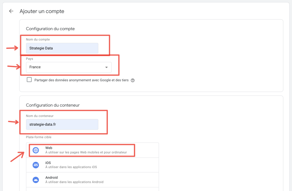Configuration création de compte google tag manager