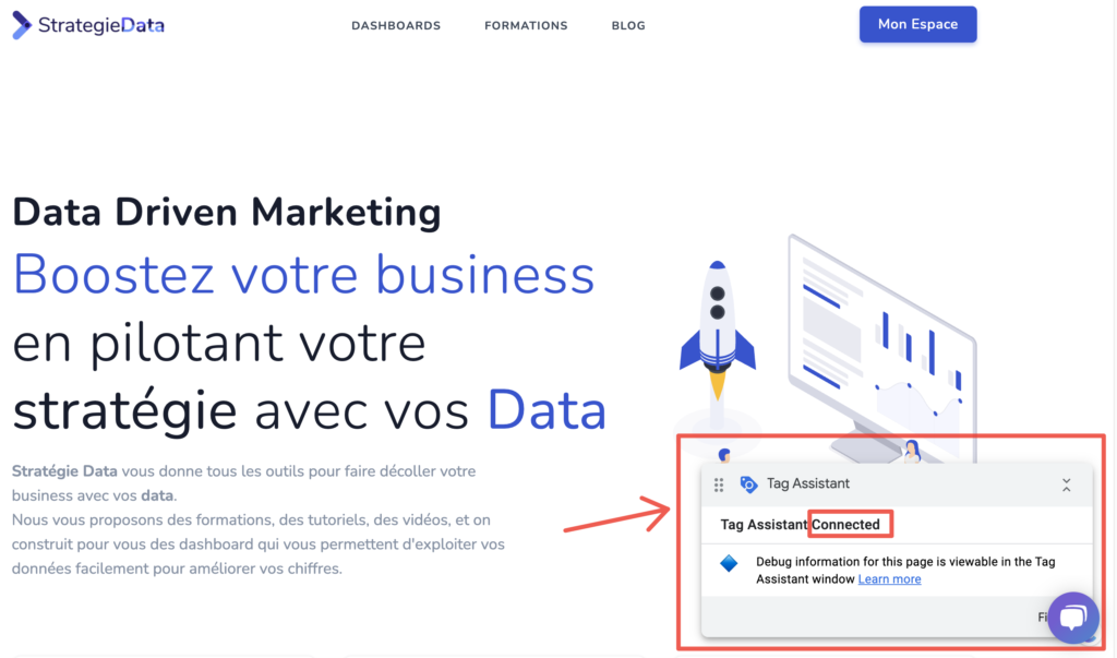 Vérifier que le tag assistant de GTM est bien connecté